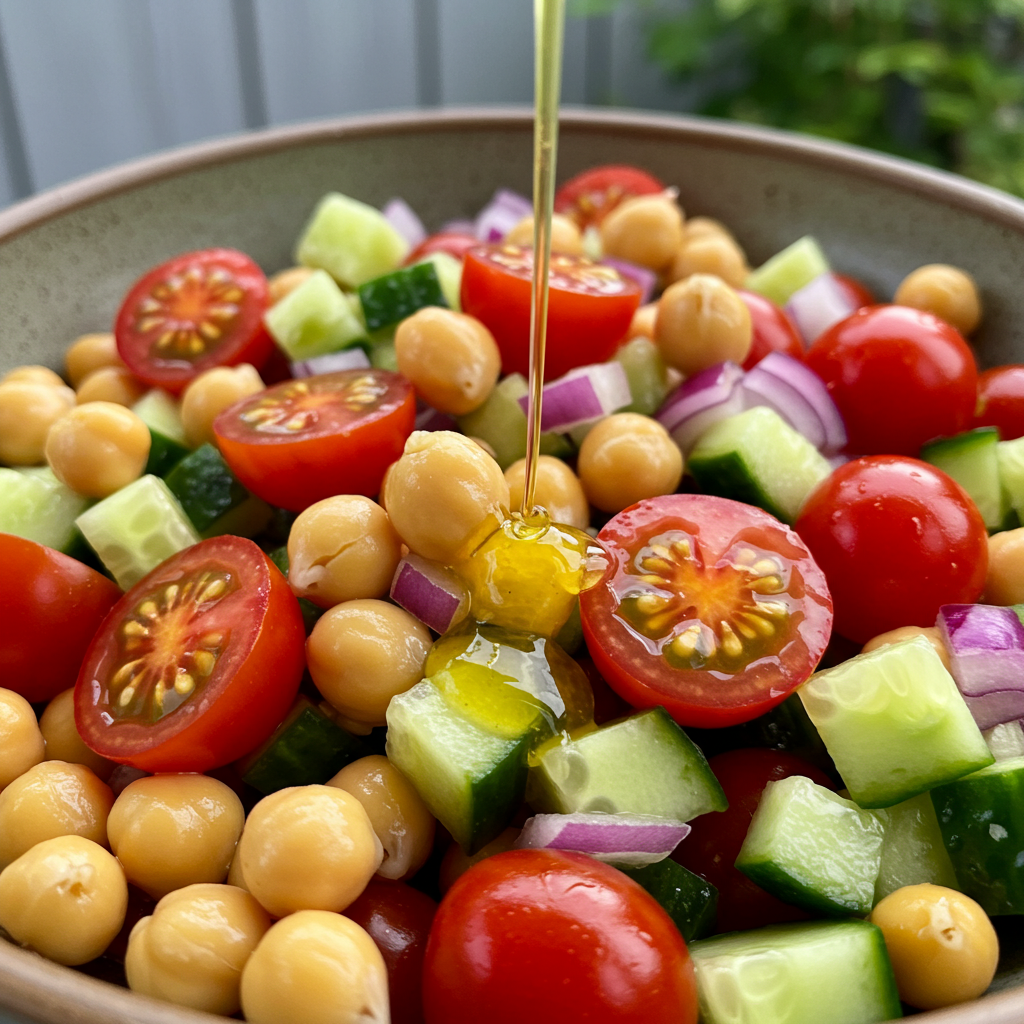 Salade de pois chiche, concombres, oignons rouges et tomates cerises